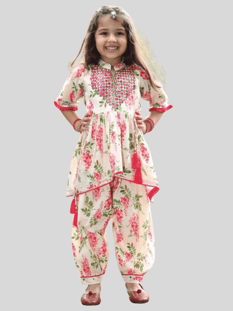 Girls' Charming Cream Floral Print Peplum Top and Patiala Pant Set