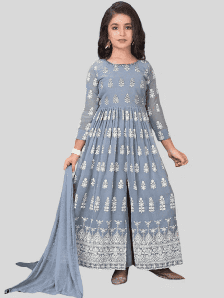 Girls' Elegant Slate Blue Embroidered Long Kurta  Palazzo Sets