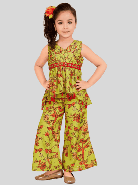 Girls' Traditional Style Green Sleeveless Peplum Top and Palazzo Set