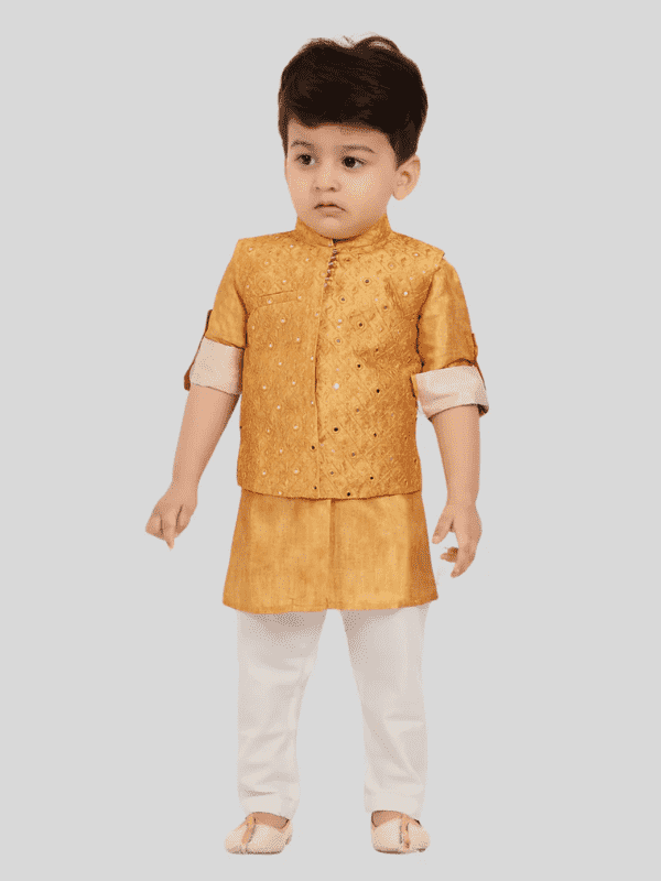 Boys Traditional With Work Chudidar Kurta with Koti - Yellow