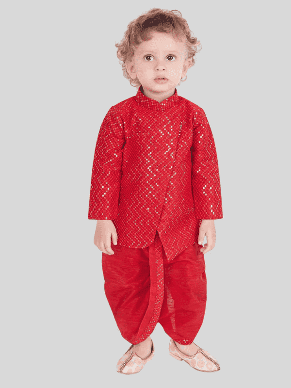 Boys Traditional With Work Kurta Set With Mojdi - Red