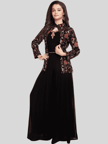 Girls Contemporary Black Top and Palazzo Set with Embroidered Jacket