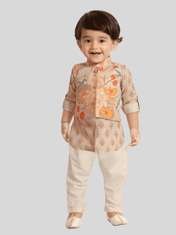 Boys Traditional Printed Chudidar Kurta with Koti - Fawn