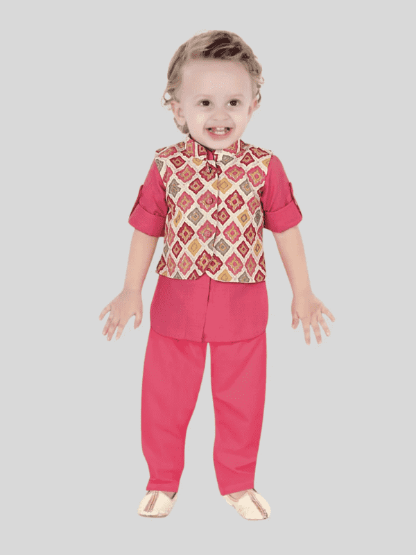 Boys Traditional Printed Chudidar Kurta with Koti - Pink