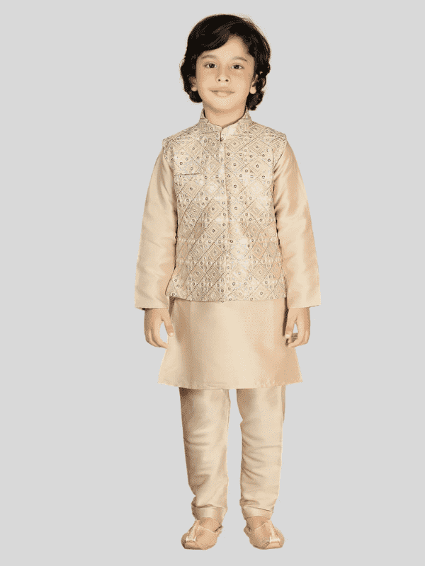 Boys Traditional With Work Chudidar Kurta with Koti - Fawn
