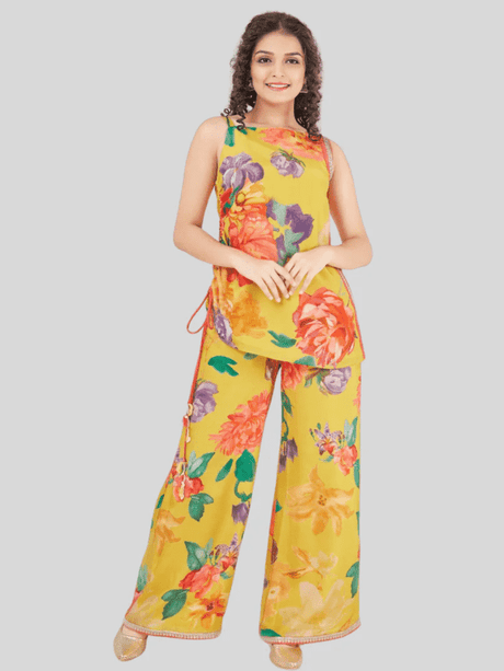 Girls' Vibrant Yellow Floral Print Sleeveless Top and Palazzo Set