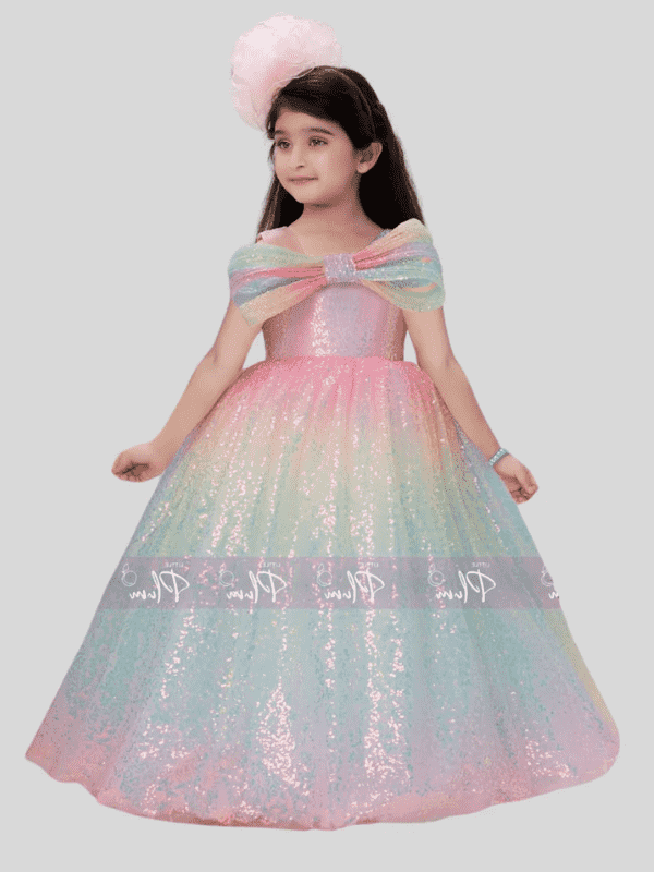 Girls Party Plain Heavy Western Gown - Multi