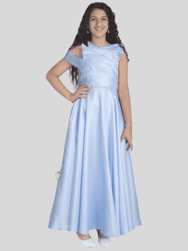 Girls Party Plain Satin Western Gown - Blue