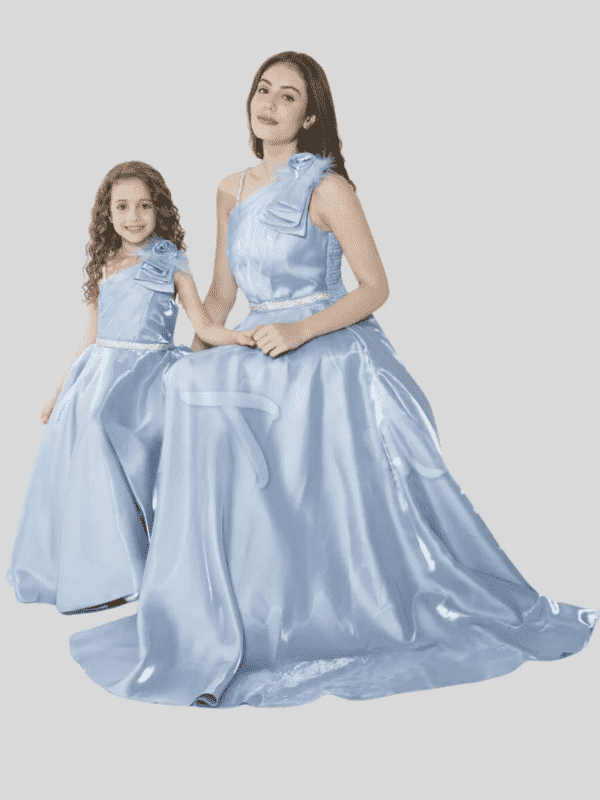 Girls Party Plain Satin Western Gown With Work - Blue