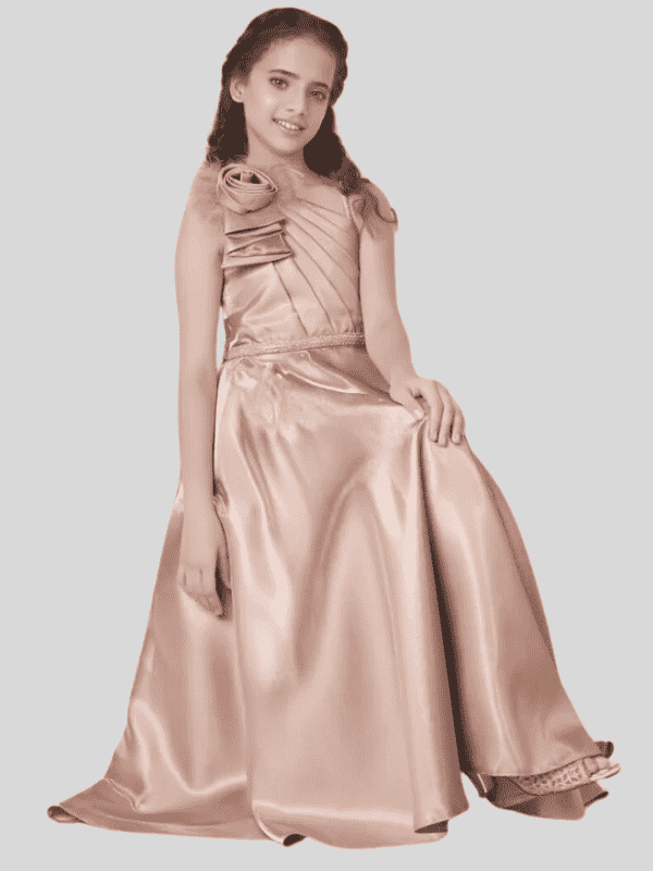 Girls Party Plain Satin Western Gown With Work - Brown