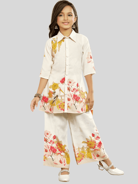 Girls' Casual Cream Floral Print 3/4-Sleeve Collared Top and Palazzo Set