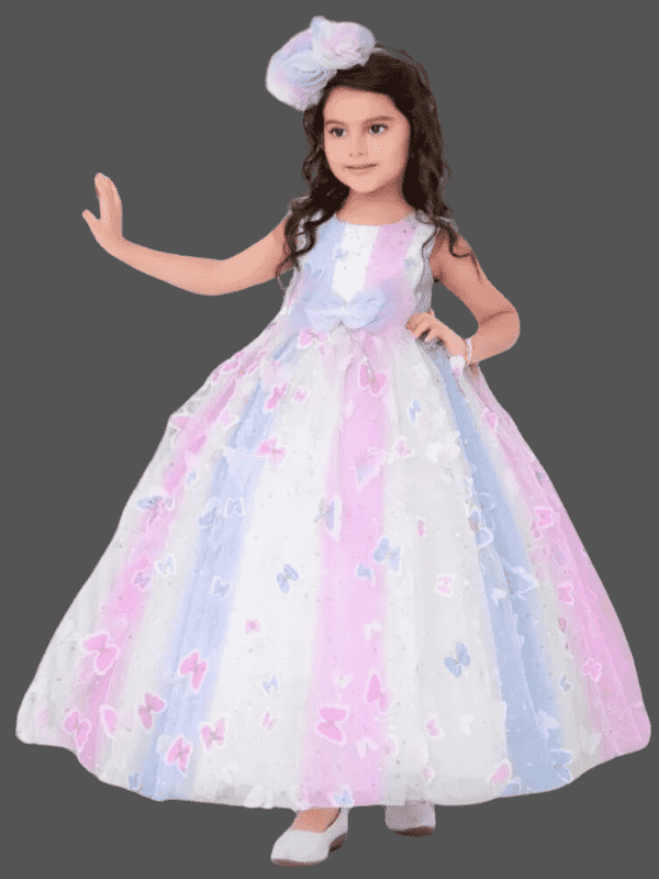 Girls Party Printed Heavy Western Gown - White
