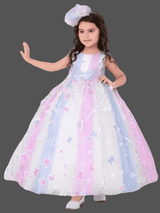 Girls Party Printed Heavy Western Gown - White