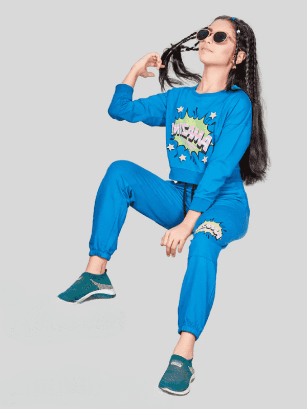 Girls Casual Plain Full Sleeves Track Pant Set - Blue