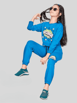 Girls Casual Plain Full Sleeves Track Pant Set - Blue
