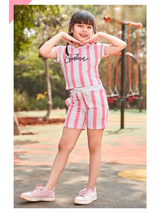 Girls Casual Stripes Half Sleeves Short Set - Pink