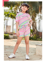 Girls Casual Stripes Half Sleeves Short Set - Pink