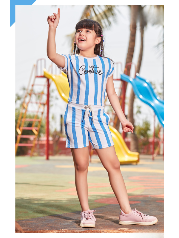 Girls Casual Stripes Half Sleeves Short Set - White