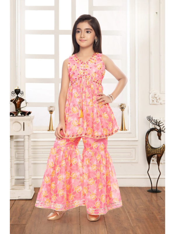 Girls Traditional Sleeves Less Sharara Set - Peach