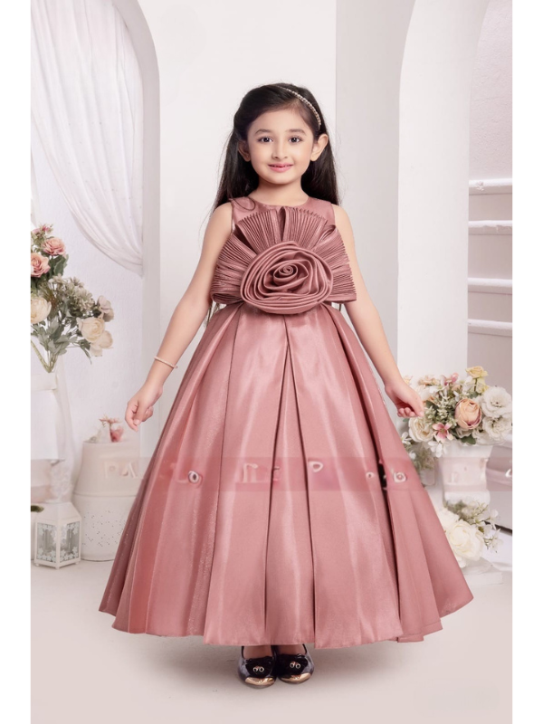 Girls Party Satin Western Gown With Work - Peach