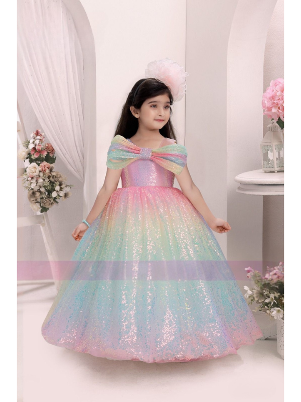 Girls Party Plain Heavy Western Gown - Multi