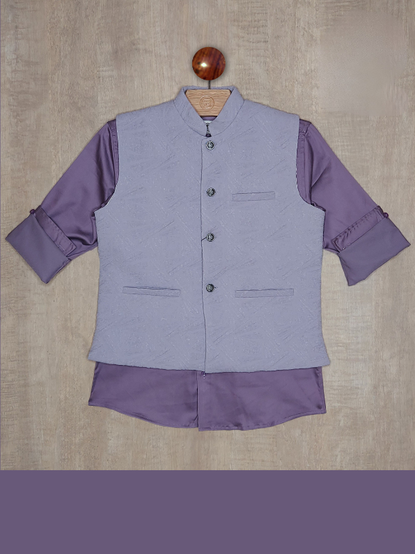 Boys Party Waist Coat with Shirt V Neck-Purple