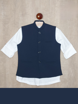 Boys Party Waist Coat with Shirt V Neck-Navy Blue