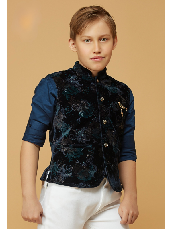 Boys Party Waist Coat with Shirt V Neck-Navy Blue