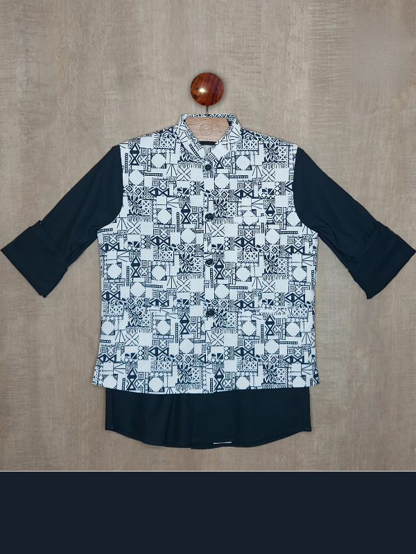 Boys Party Waist Coat with Shirt High Neck-Navy Blue