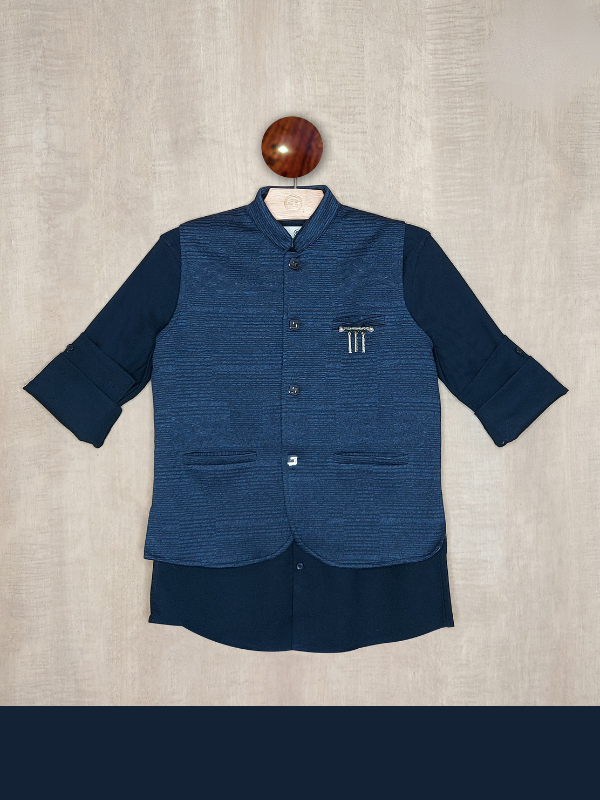 Boys Party Waist Coat with Shirt V Neck-Navy Blue