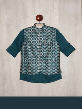 Boys Party Waist Coat with Shirt High Neck-Green