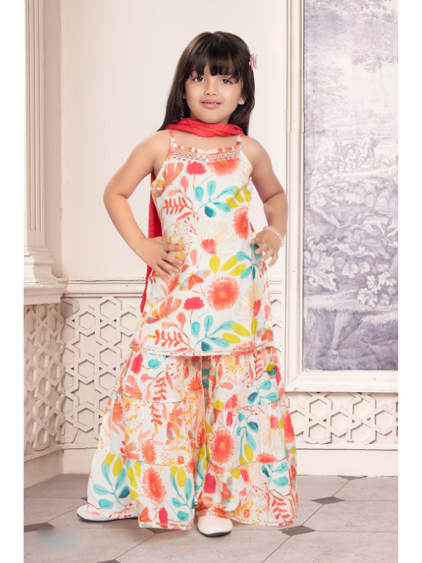 Girls Traditional Sleeves Less Ghagara Set - Cream