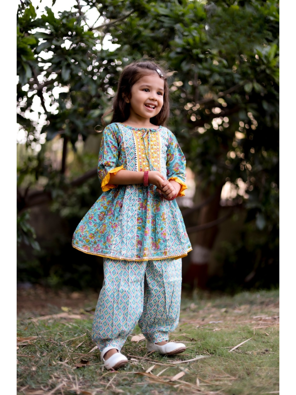 Girls Traditional Full Sleeves Patiala Set - Sky Blue