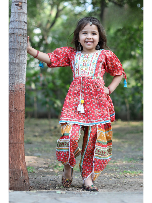 Girls' Traditional Red Floral Print Peplum Top and Dhoti Pant
