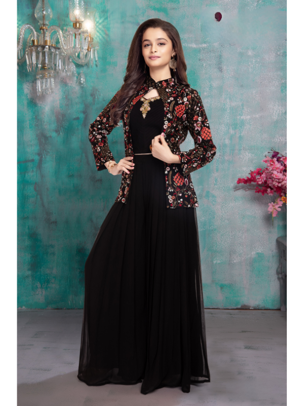 Girls Traditional 3/4th Sleeves Plazo Set - Black