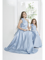 Girls Party Plain Satin Western Gown With Work - Blue