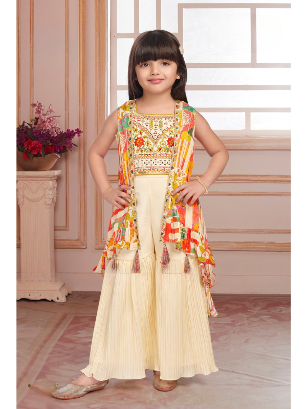 Girls Traditional Sleeves Less Sharara Set - Cream