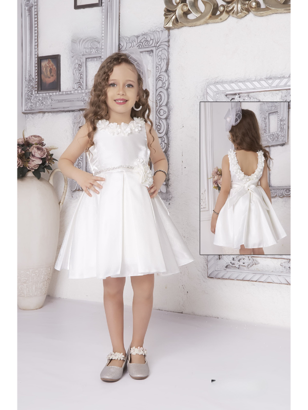 Girls Party Satin Party Frock With Work - White