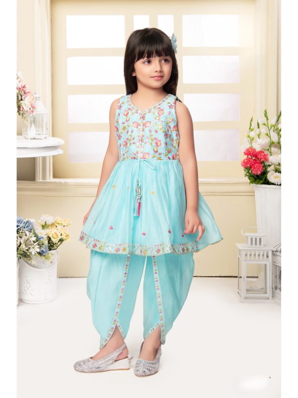 Girls Traditional Sleeves Less Dhoti Set - Blue
