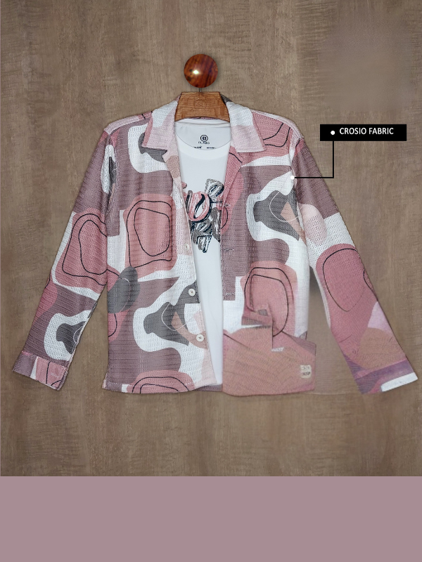 Boys Casual Full Sleeves Printed Shirt With T-Shirt - Peach