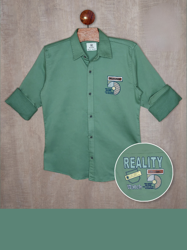 Boys Casual Full Sleeves Plain Regular Shirt - Green