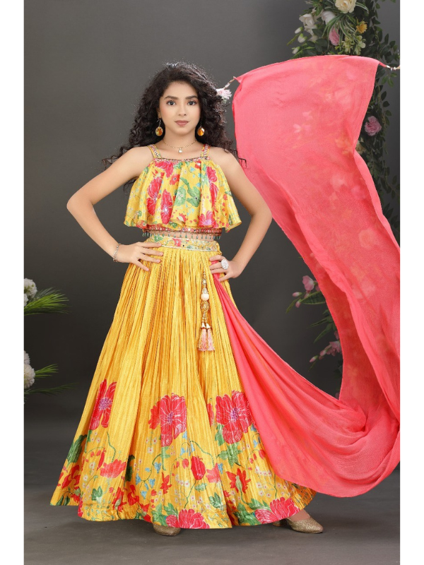 Girls Traditional Sleeves Less Long Choli - Yellow