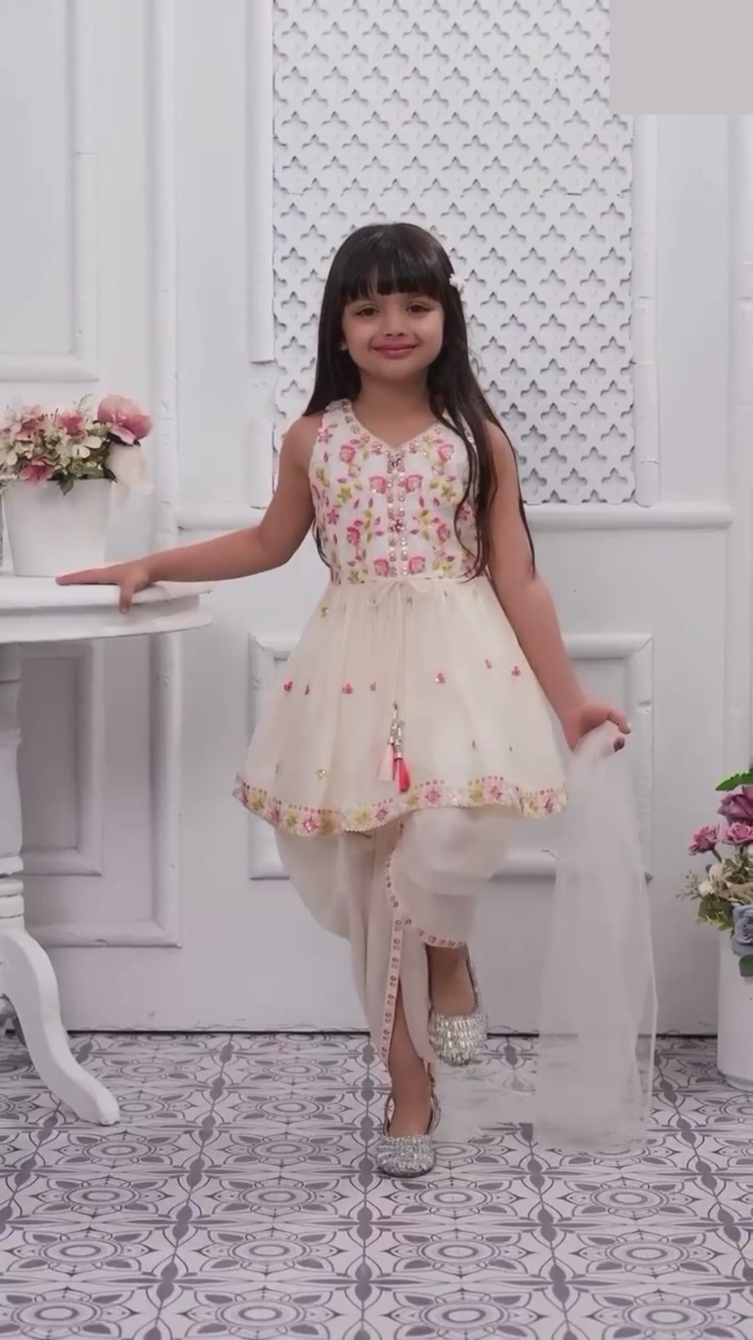 Girls Traditional Sleeves Less Dhoti Set - Cream