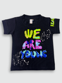 Black boys' short-sleeve T-shirt featuring a large multi-colored neon graphic print that reads 'WE ARE YOUNG' with white paint splatter effects.