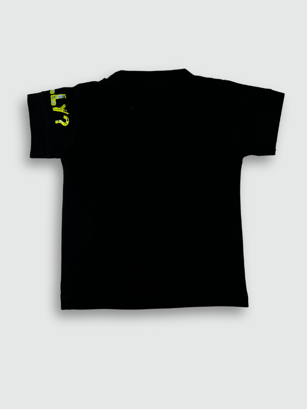 Black boys' short-sleeve T-shirt featuring a large multi-colored neon graphic print that reads 'WE ARE YOUNG' with white paint splatter effects.