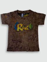 Boys' short-sleeve T-shirt in a distressed brown color with a faint all-over scribble print and a prominent multi-colored graphic that reads 'Crunch!'