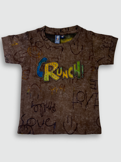 Boys' short-sleeve T-shirt in a distressed brown color with a faint all-over scribble print and a prominent multi-colored graphic that reads 'Crunch!'