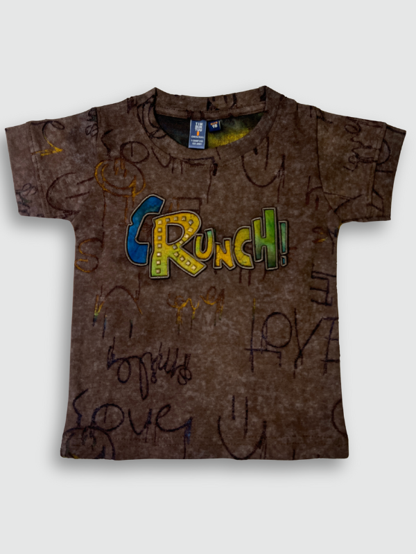 Boys' short-sleeve T-shirt in a distressed brown color with a faint all-over scribble print and a prominent multi-colored graphic that reads 'Crunch!'