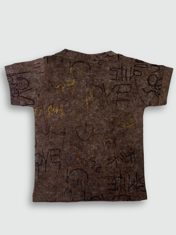 Boys' short-sleeve T-shirt in a distressed brown color with a faint all-over scribble print and a prominent multi-colored graphic that reads 'Crunch!'