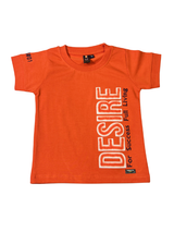 Vibrant orange boys' short-sleeve T-shirt featuring a large white and red graphic print that reads 'DESIRE' and 'For Success Full Living'.
